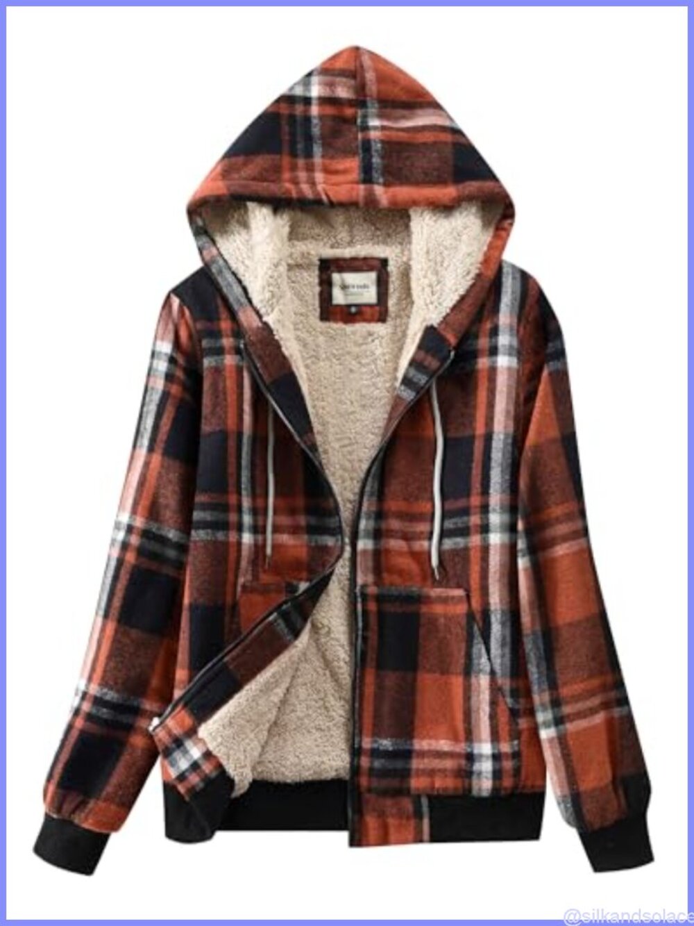 Sherpa Lined Plaid Zip Flannel Hoodie Jacket Kangaroo Pocket